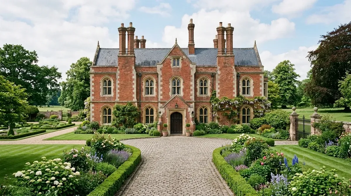 Elegant red brick manor with arched windows, tall chimneys, cobblestone drive, and formal garden.