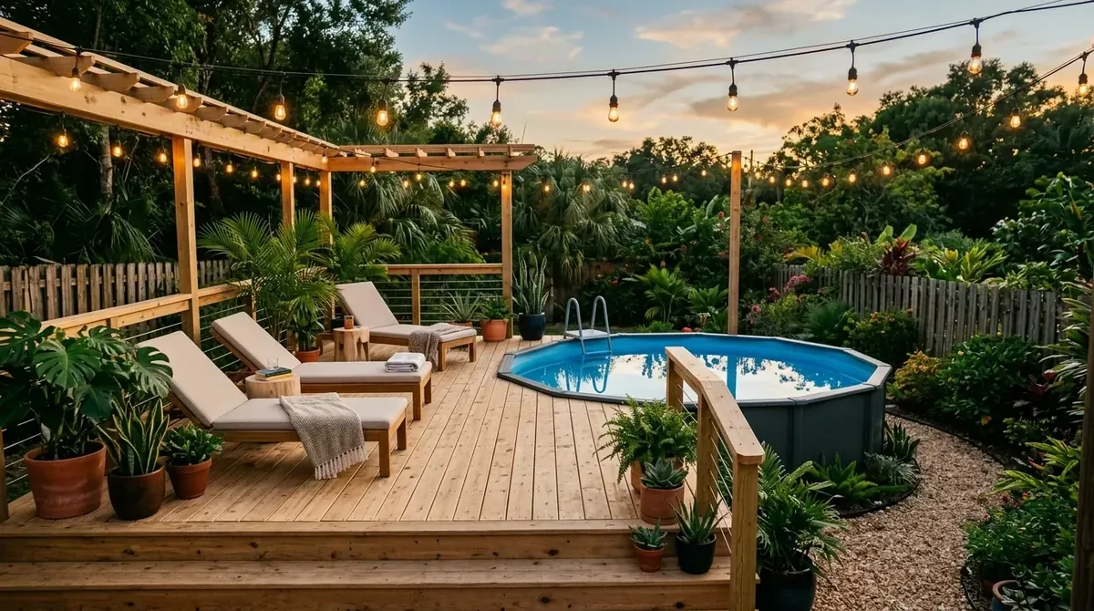 Above ground pool with wood deck surround, loungers, string lights, and tropical planters.