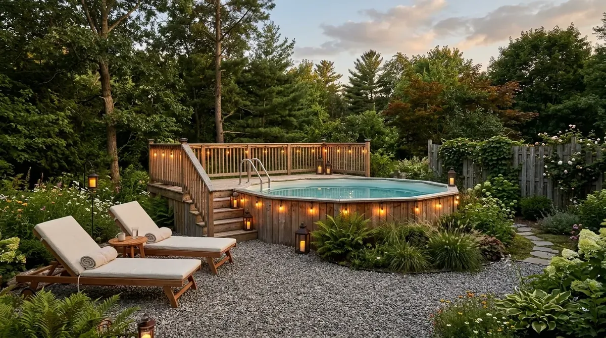 Rustic above ground pool with cedar cladding, gravel, loungers, and lantern lighting.