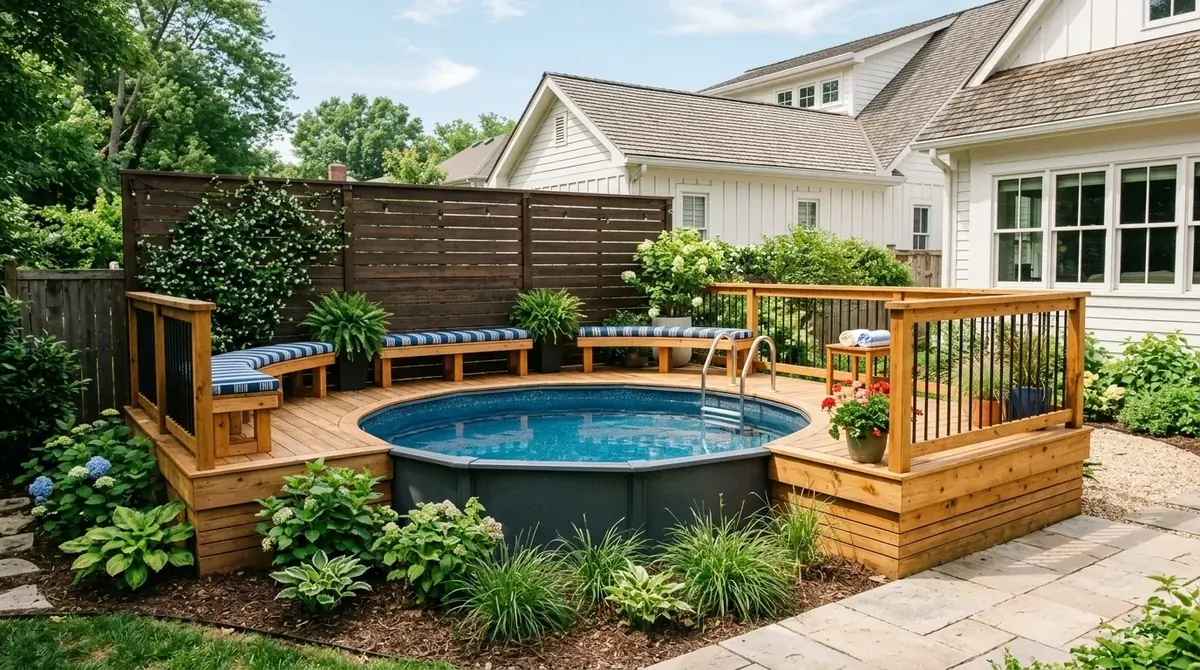 Compact above ground pool with partial deck, built-in benches, privacy fence, and greenery.