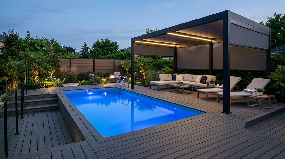 Luxury-style above ground pool with composite deck, pergola shade, lounge furniture, and LED water lighting.
