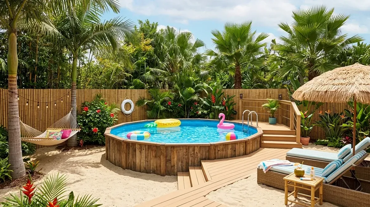 Above ground pool with bamboo fence, palms, colorful floats, and resort-inspired decking.