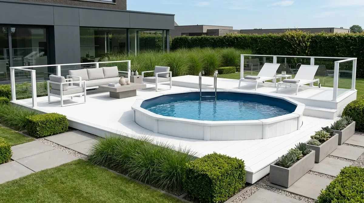 Minimal above ground pool with white deck panels, neutral furniture, and geometric landscaping.