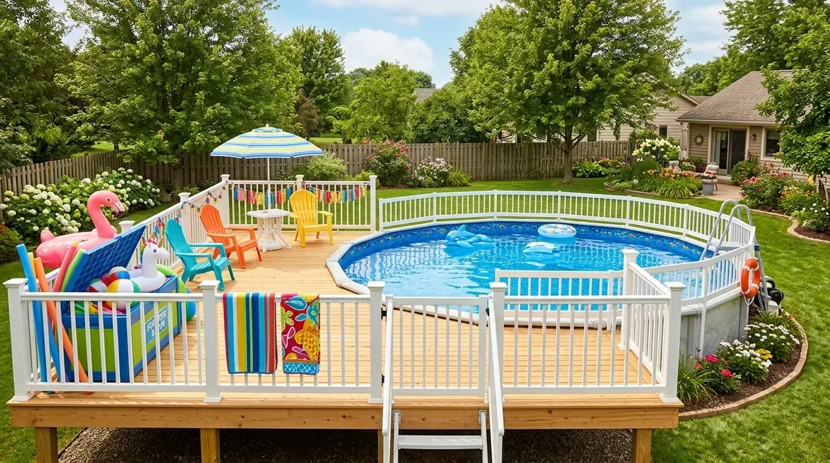Family-friendly above ground pool with safety rail, toy storage, splash seating, and cheerful backyard decor.