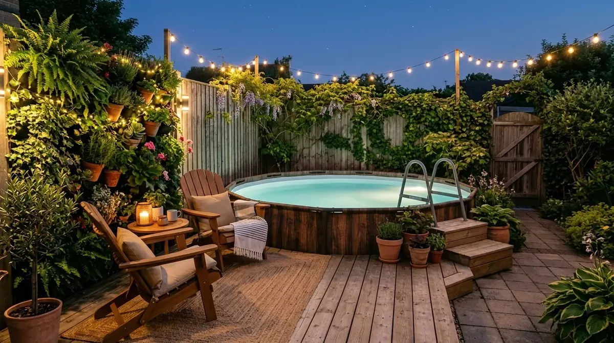 Small backyard pool with circular design, foldable chairs, vertical garden wall, and ambient lighting.