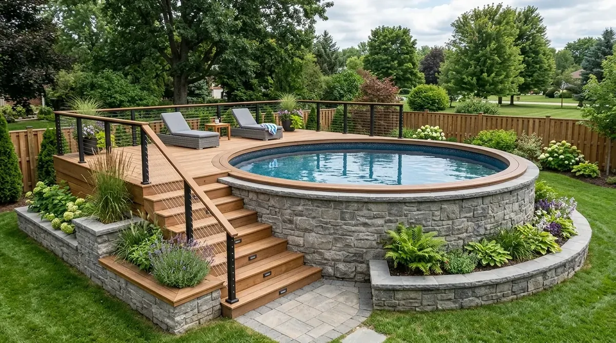 Elevated above ground pool with stone surround, wood stairs, planters, and modern rail detail.