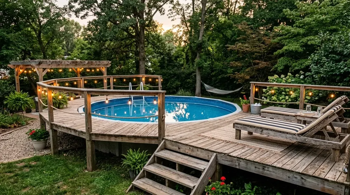 DIY pallet deck above ground pool with rustic wood materials, string lights, and casual loungers.