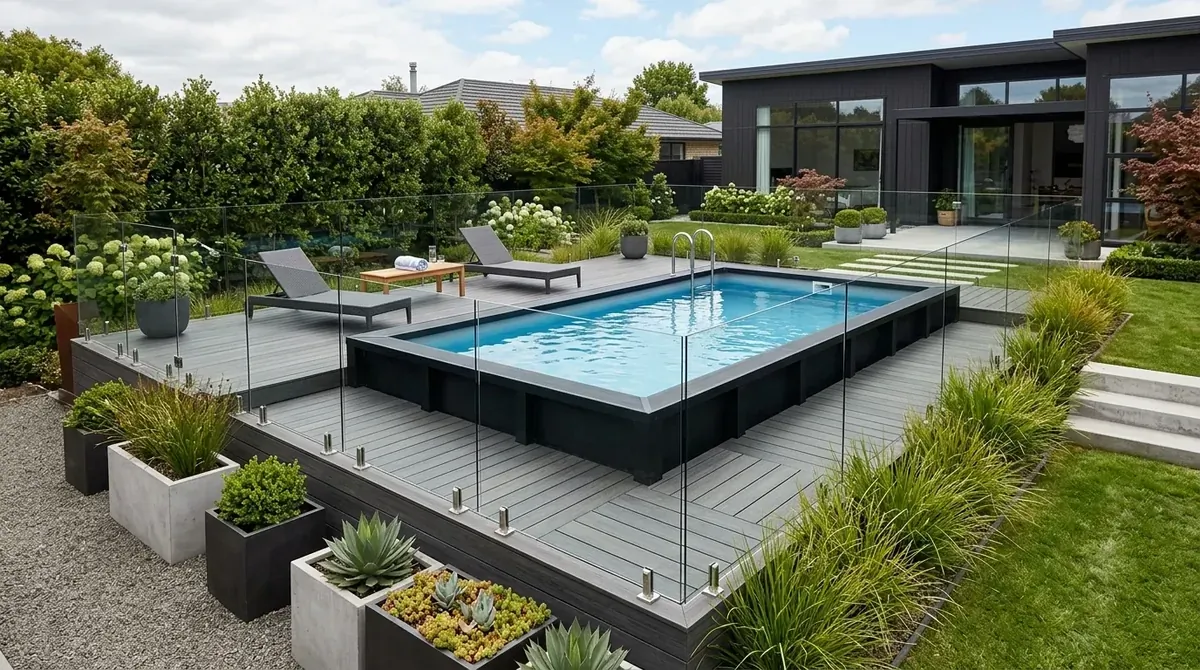 Modern black-framed above ground pool with sleek deck, glass-style fence, and minimalist landscaping.