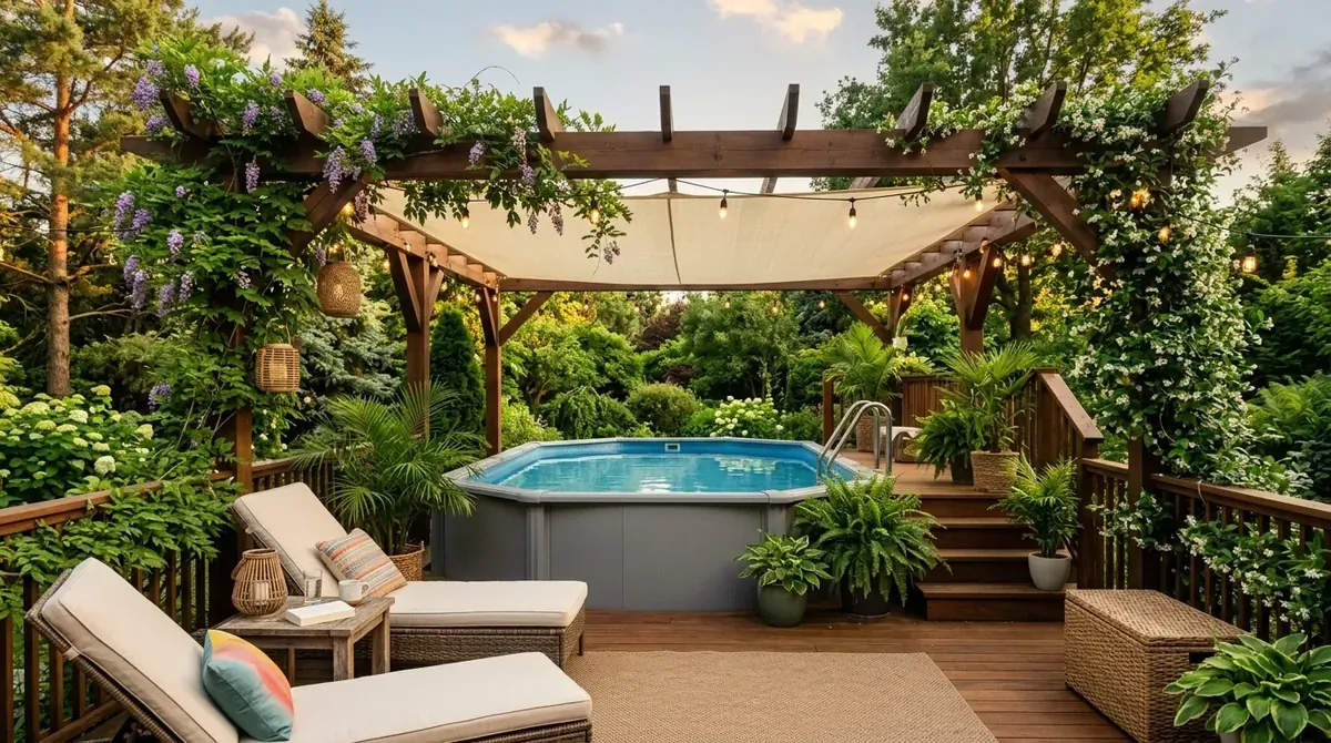 Pergola-covered above ground pool with hanging vines, seating area, and warm relaxation lighting.