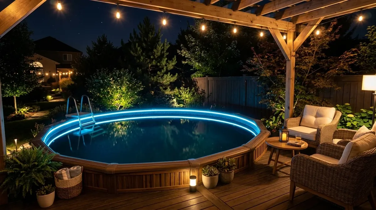 Above ground pool with LED edge lights, reflective water, cozy lounge area, and ambient backyard glow.