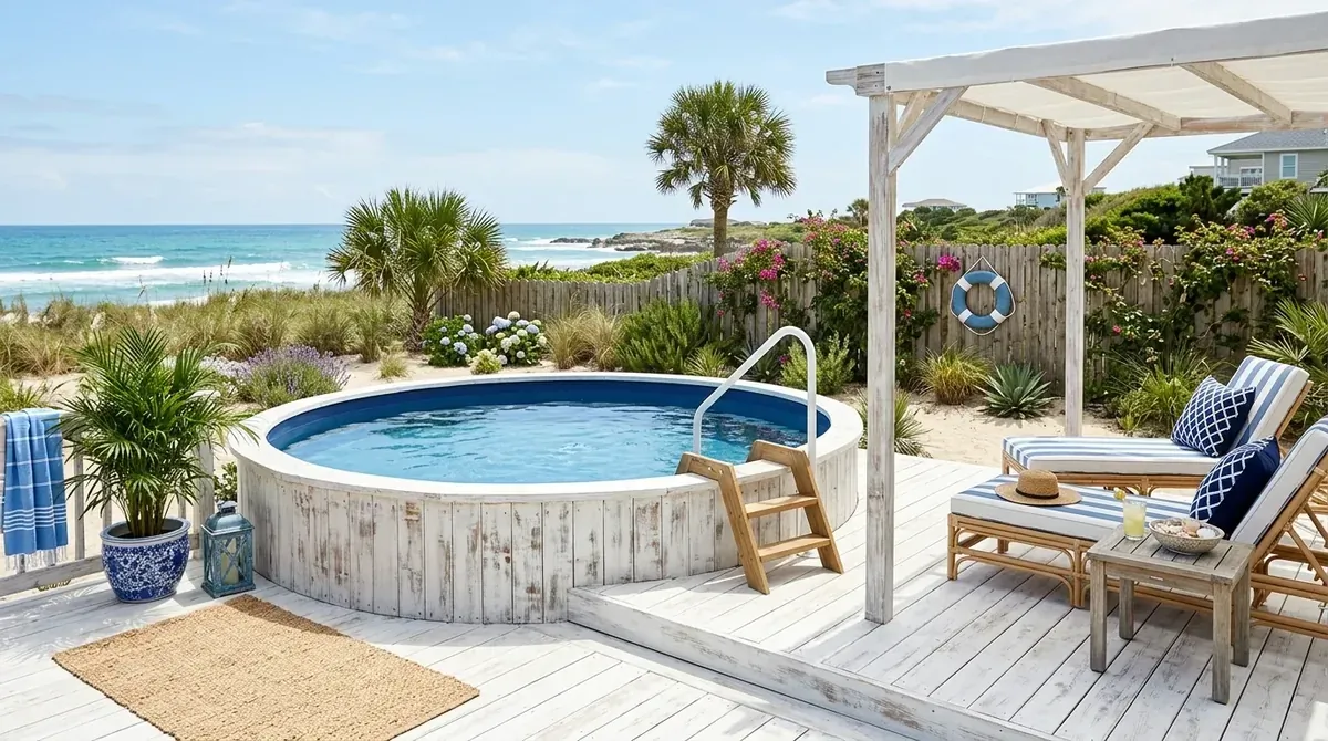 Coastal-inspired above ground pool with whitewashed deck, blue accents, and beachy outdoor seating.