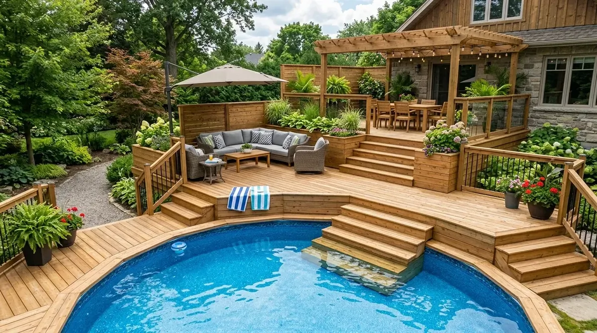 Above ground pool with multi-level deck, built-in steps, planter boxes, and layered lounge zones.