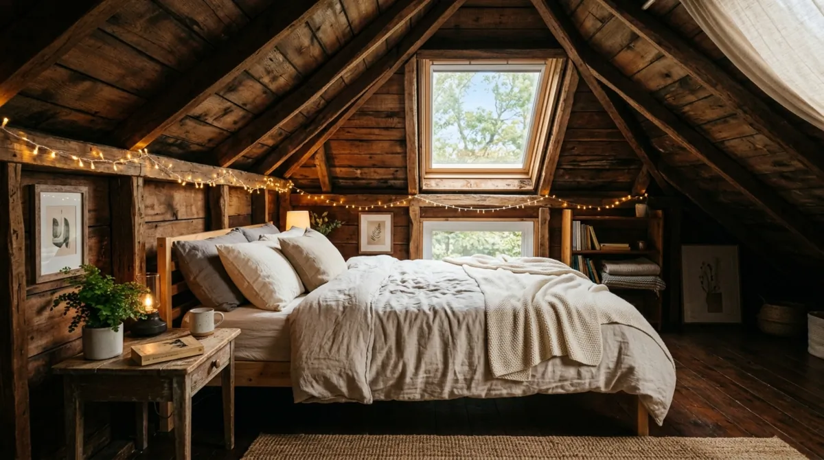 Cozy attic bedroom with sloped wood ceiling, skylight, neutral bedding, and fairy lights.