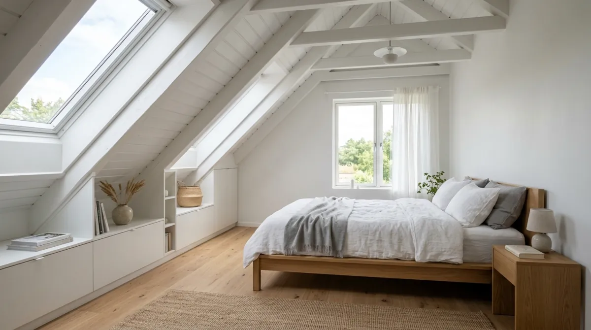 Modern attic bedroom with white sloped walls, minimal bed, and built-in storage under eaves.