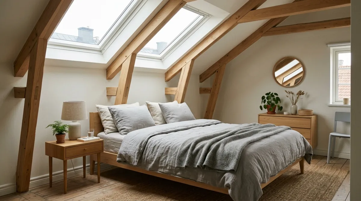 Scandinavian attic bedroom with light wood beams, gray linens, simple decor, and skylight.
