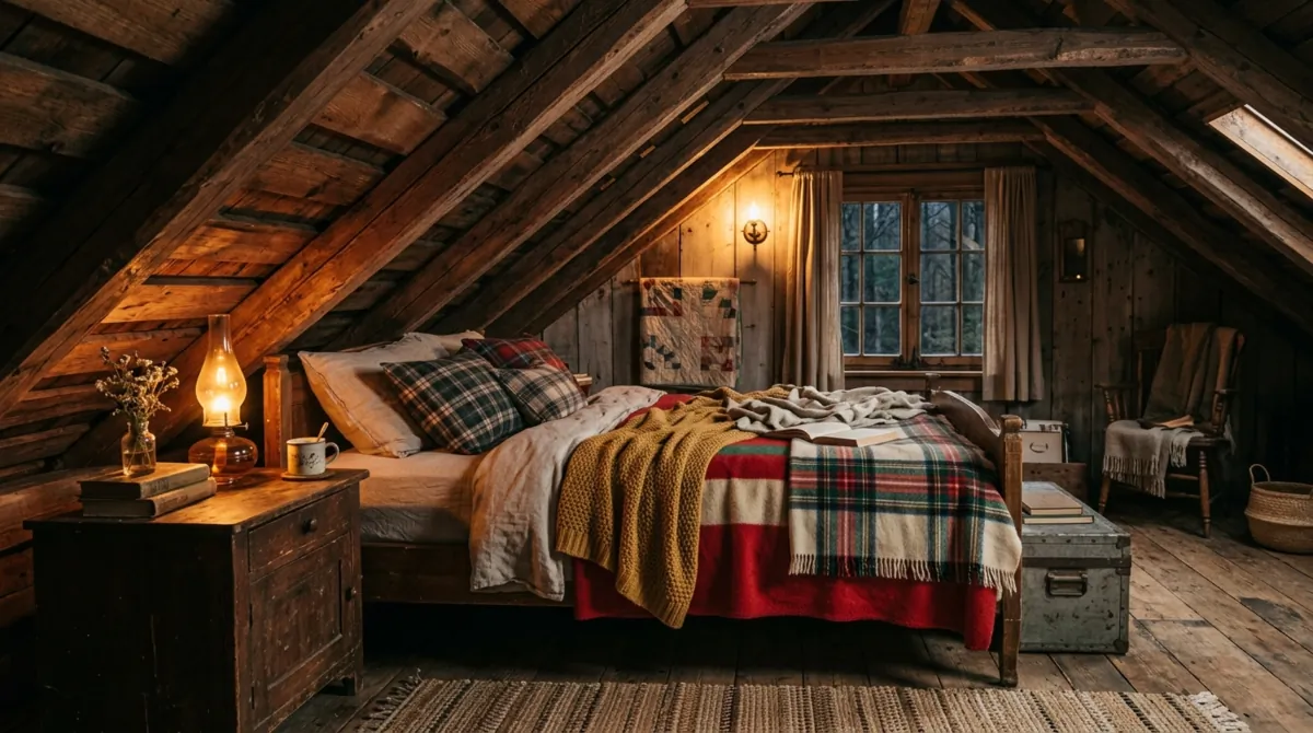 Rustic attic bedroom with exposed rafters, layered blankets, vintage table, and amber light.