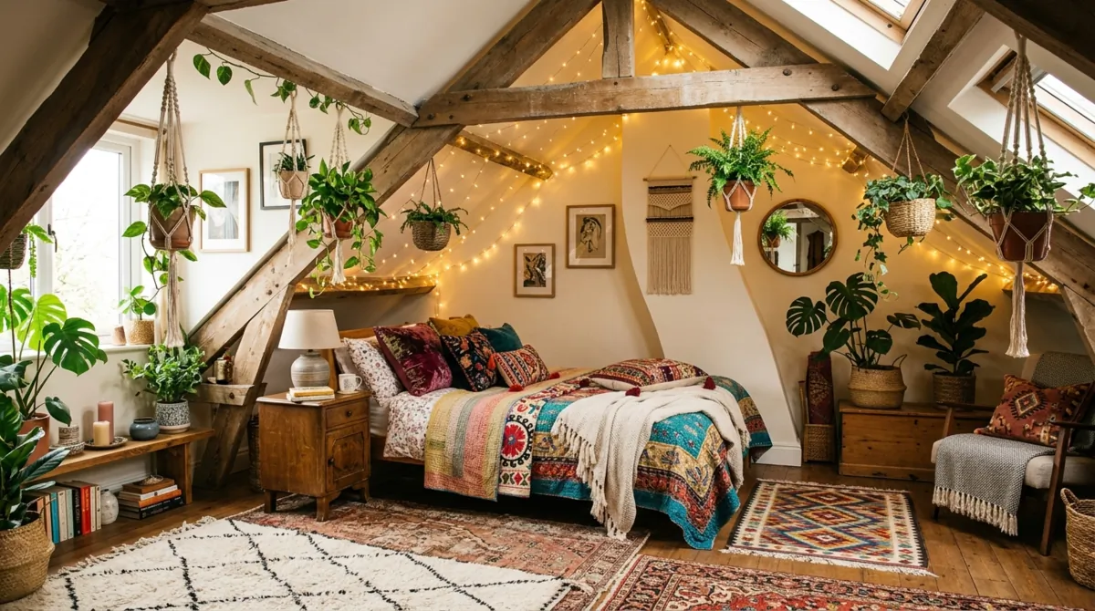 Bohemian attic bedroom with patterned rugs, hanging plants, eclectic cushions, and string lights.