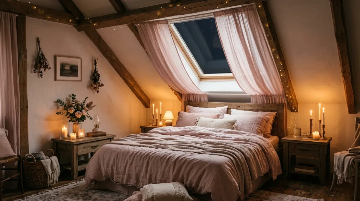 Romantic attic bedroom with blush bedding, skylight curtains, candles, and warm light.