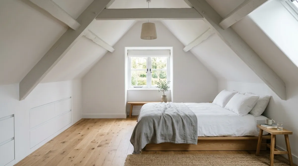 Minimal attic bedroom with low platform bed, white walls, hidden drawers, and dormer light.