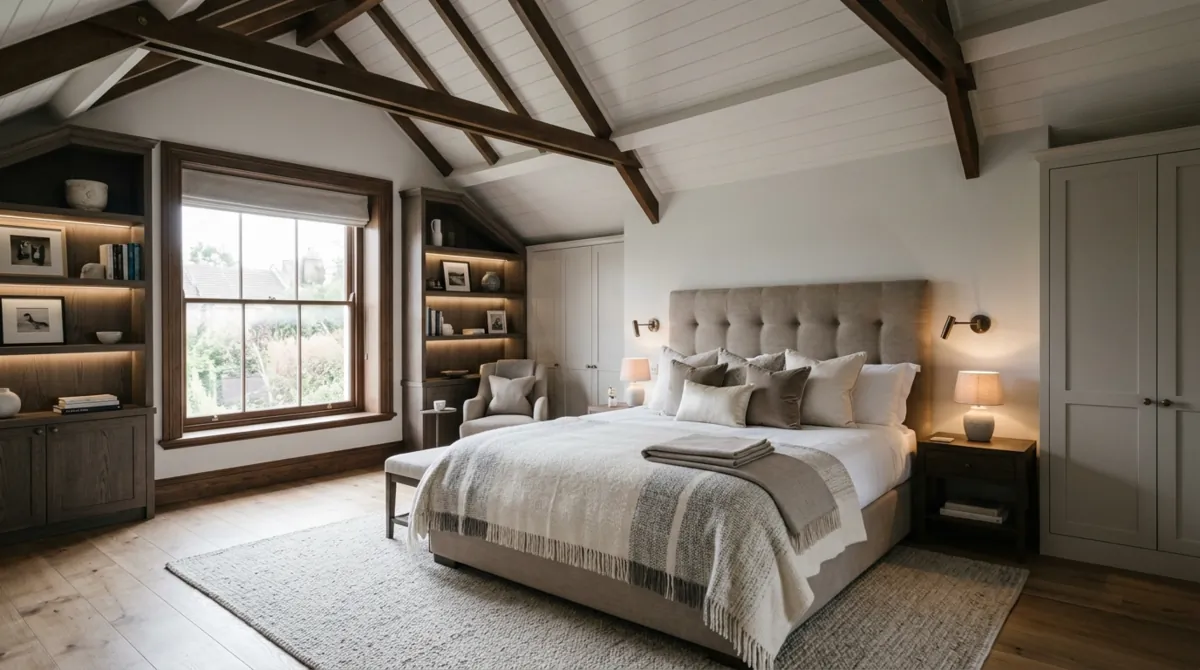 Luxury attic bedroom with custom cabinetry, upholstered bed, ambient light, and neutral tones.