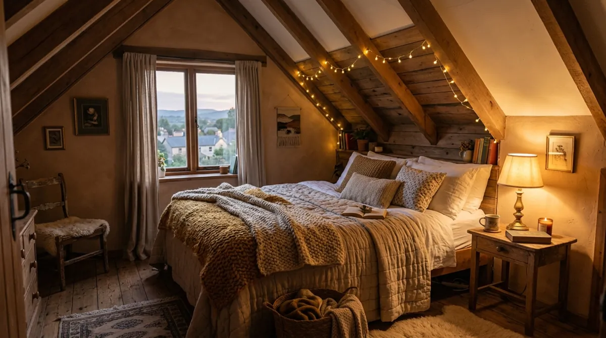Small attic bedroom with compact furniture, alcoves, knitted textures, and evening glow.