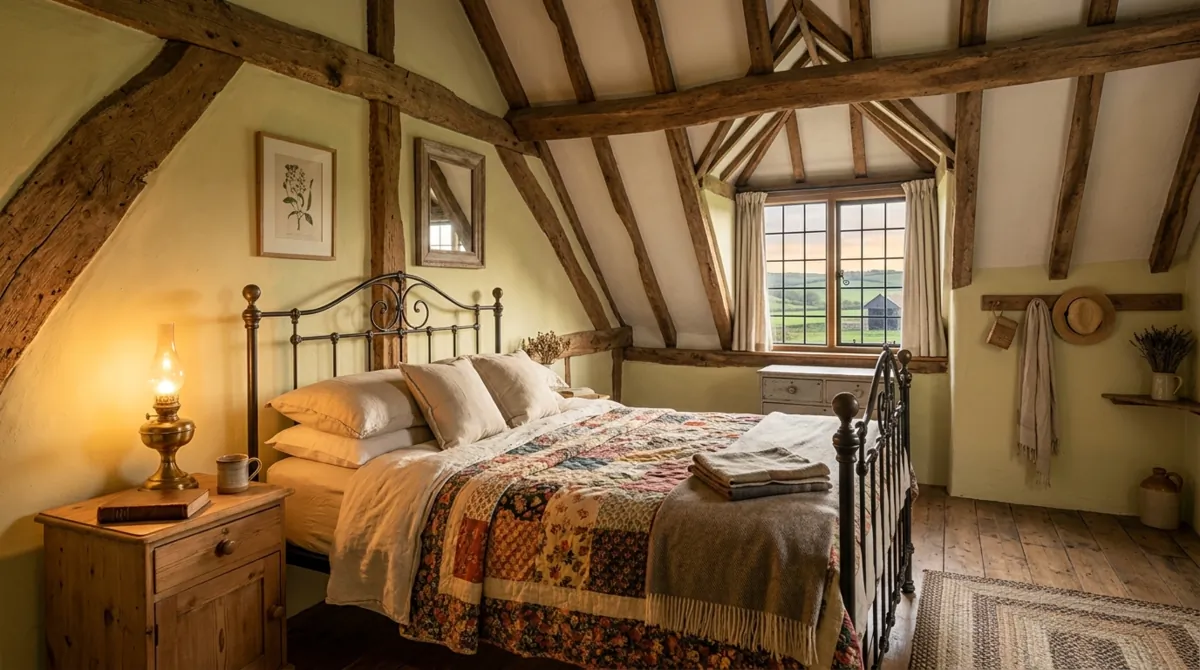 Farmhouse attic bedroom with reclaimed beams, iron bed frame, quilted bedding, and rustic decor.
