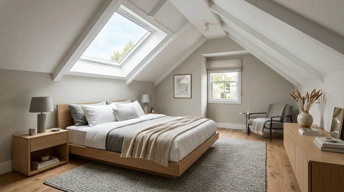 Modern attic guest bedroom with sleek furniture, skylight above bed, and neutral palette.