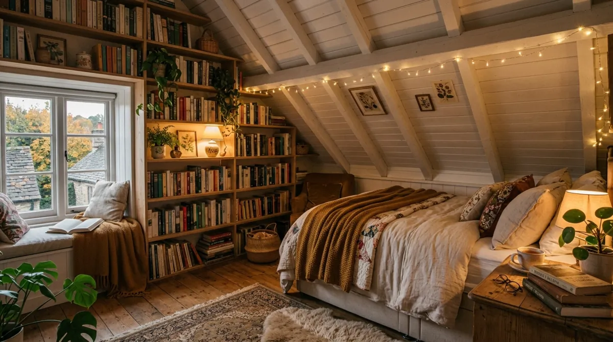 Attic reading-bedroom combo with bed under slope, built-in bookshelves, and cozy lighting.