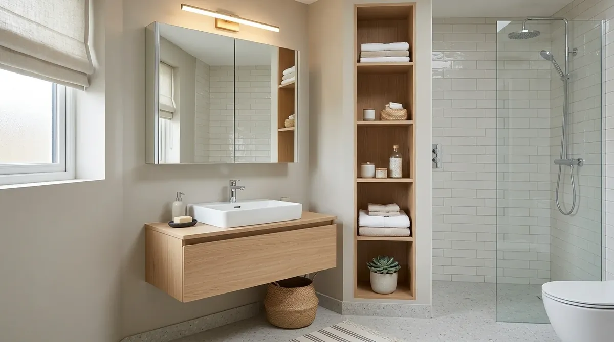 Small bathroom with floating vanity, large mirror, bright tiles, and neat built-in storage.