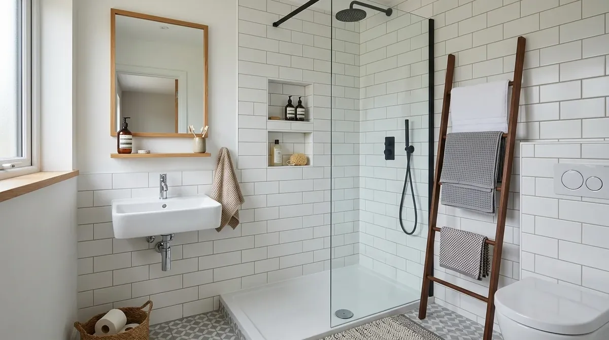 Compact bathroom with a tall mirror, wall-mounted sink, and light neutral palette.