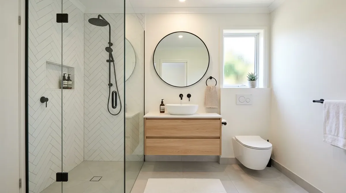 Tiny bathroom shower with built-in niche shelving, glass screen, and soft stone tiles.