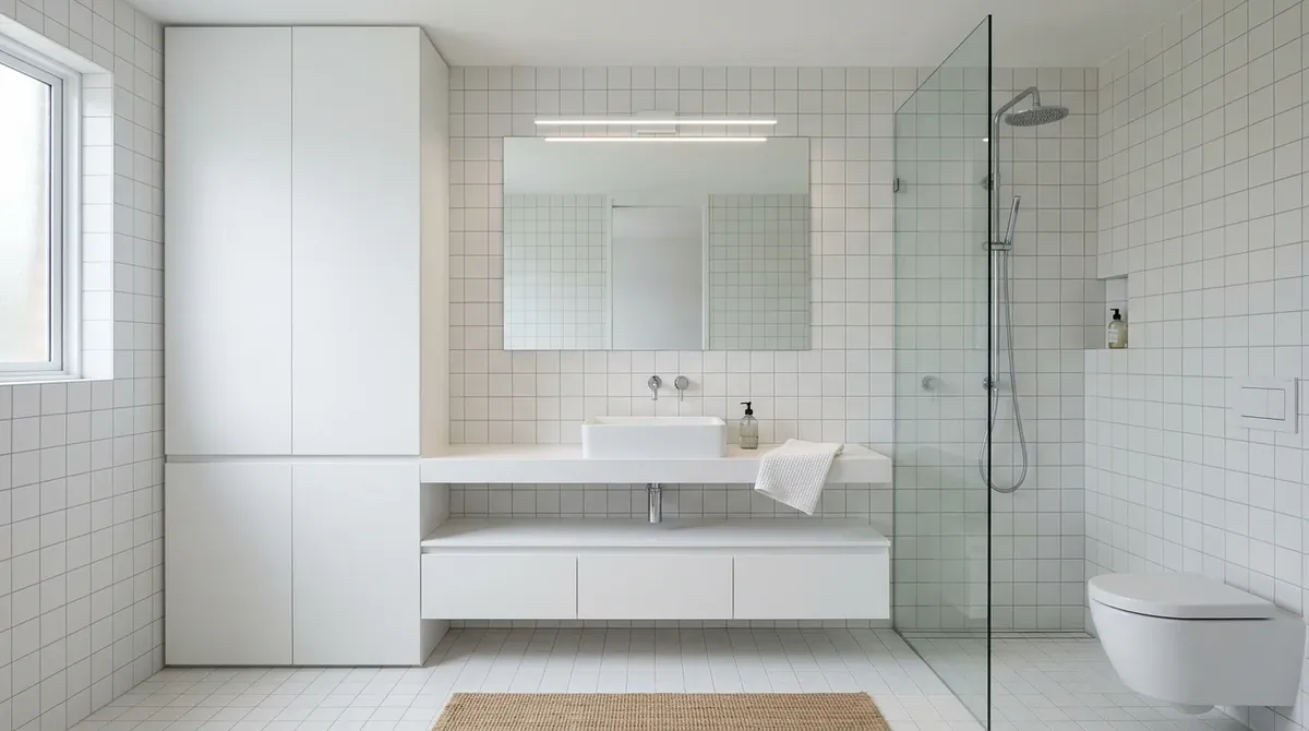 Small bathroom with narrow vertical shelves, rolled towels, and simple decor styling.