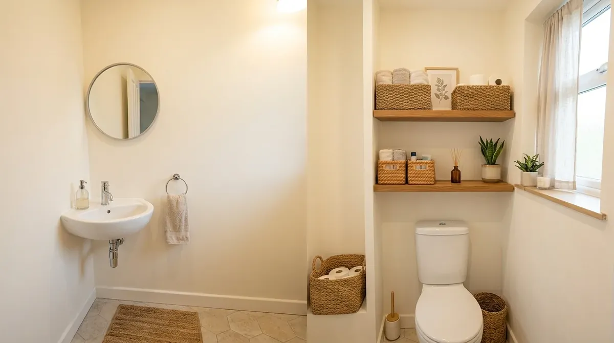 Compact bathroom with pocket door, streamlined vanity, and efficient modern layout.