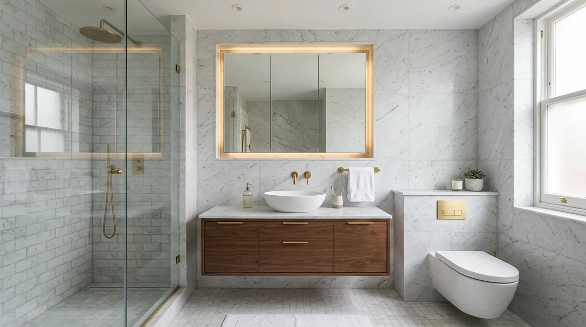 Stylish small bathroom with wall-mounted faucet, compact sink, and marble backsplash.