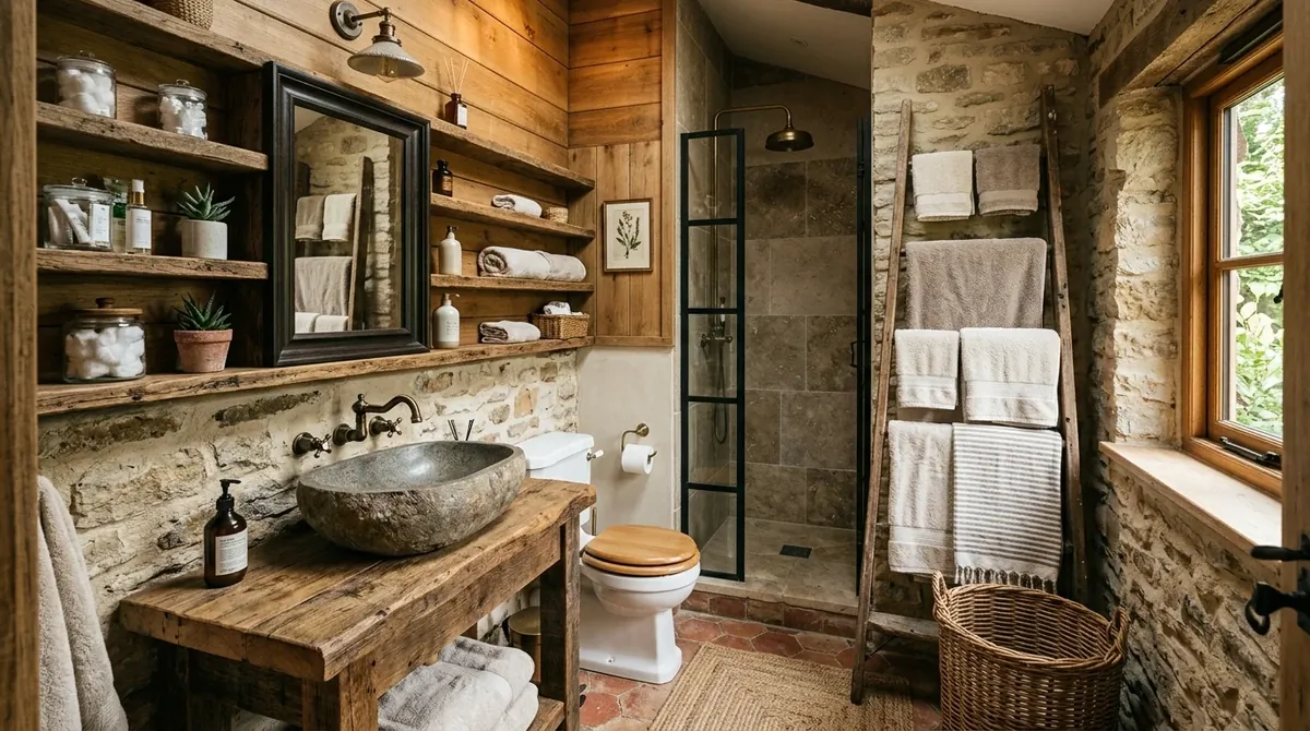 Small bright bathroom with pale tiles, glass shower enclosure, and airy daylight.
