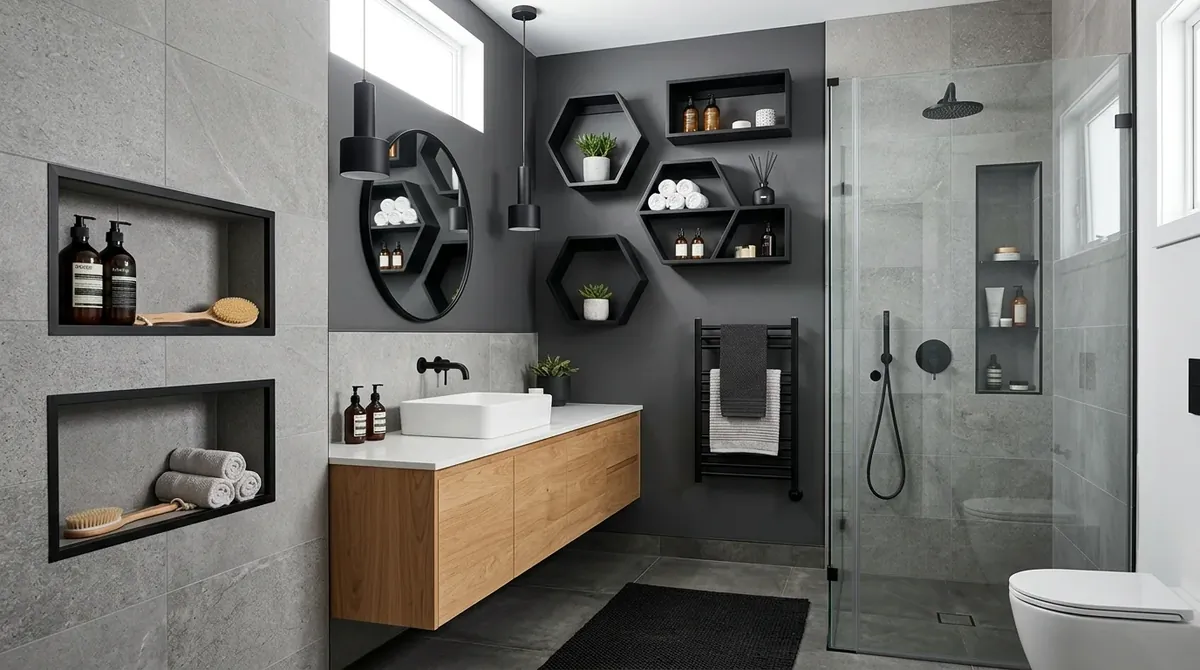 Small powder bathroom with statement wallpaper, pedestal sink, and dramatic lighting.