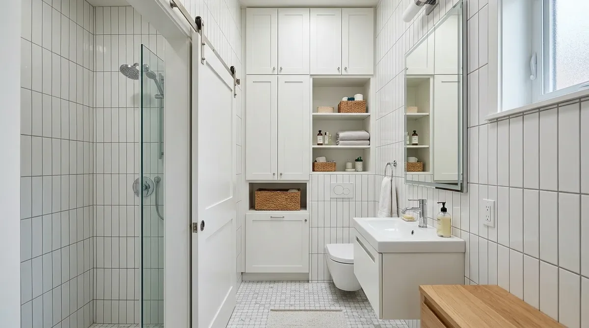 Compact bathroom vanity with baskets, folded towels, and tidy everyday organization.