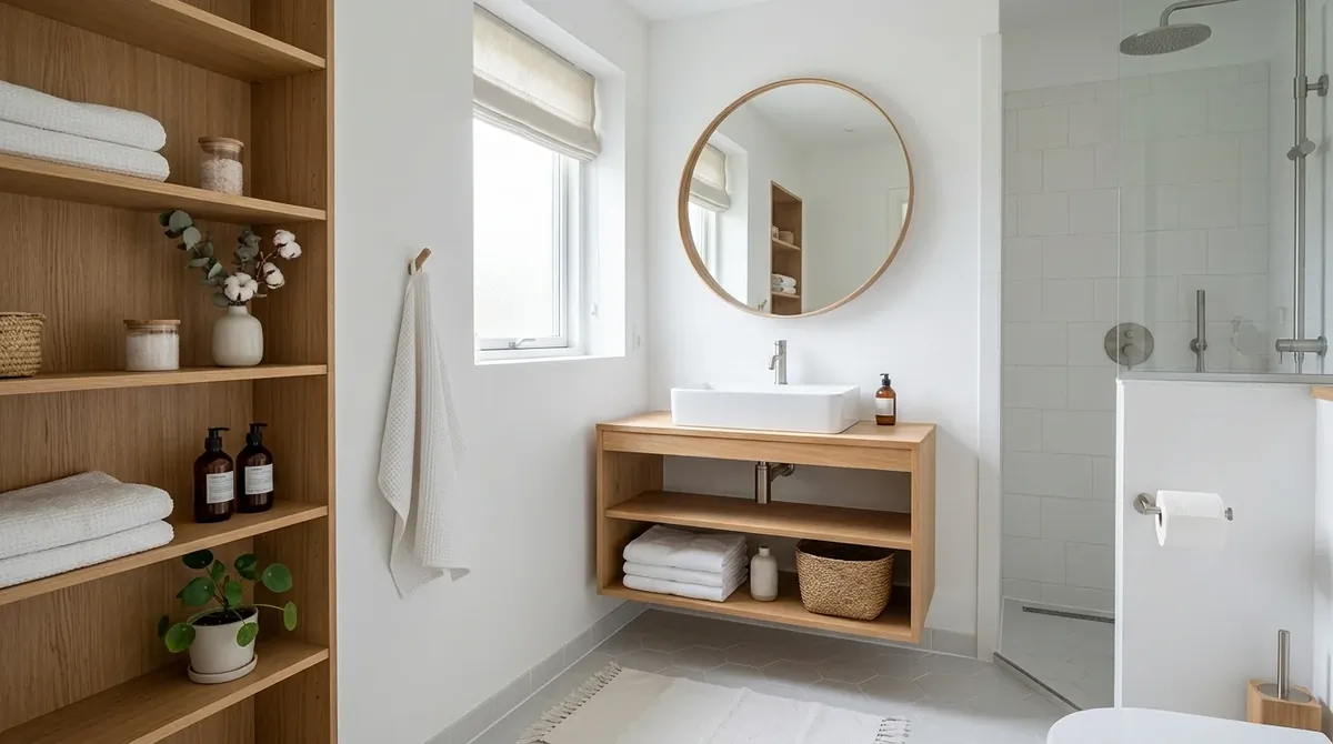 Small bathroom with corner sink, slim mirror, and efficient narrow floor plan.