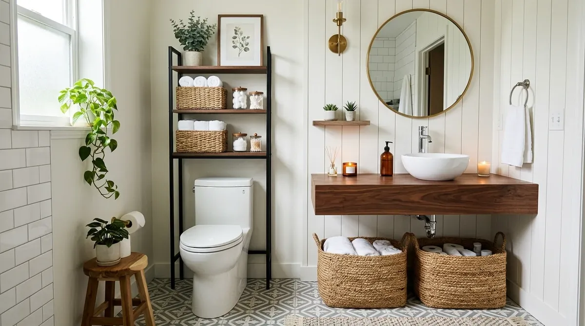 Small bathroom with over-toilet storage cabinet and a clean classic design palette.