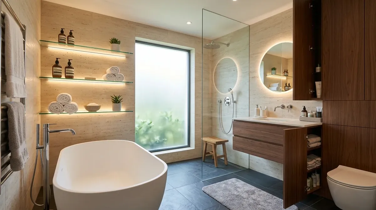 Minimal small bathroom in monochrome tones with compact vanity and frameless mirror.