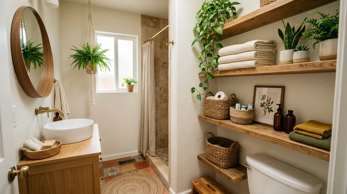 Tiny bathroom with warm wood vanity, textured wall tile, and soft brass accents.