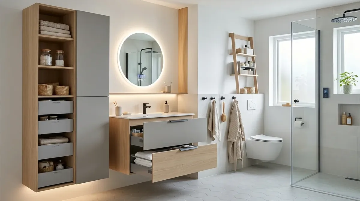 Compact bathroom with sliding glass shower door, modern tile, and efficient layout.