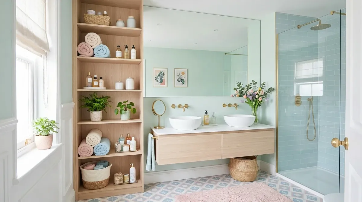 Small bathroom with narrow tub ledge, candles, bath products, and a cozy upscale finish.