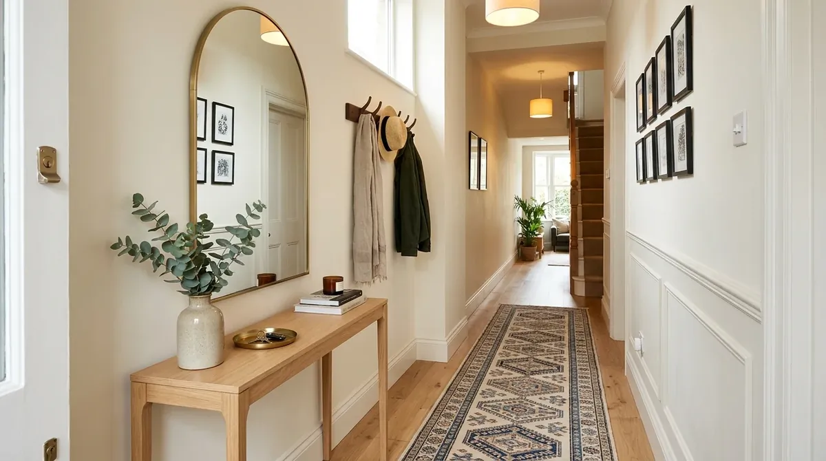 Narrow entrance hall with slim console, mirror, runner rug, and soft welcoming light.