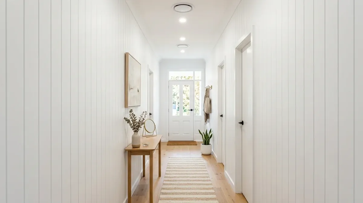 Entrance passage with oversized mirror and pale palette to widen the visual feel.