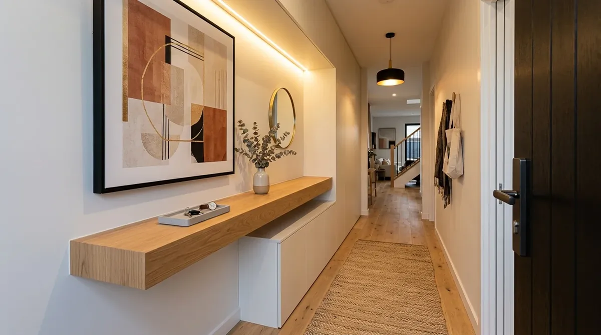 Narrow hall with compact bench, hooks, baskets, and tidy everyday storage.