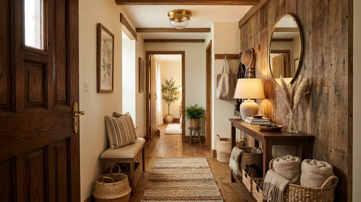 Sleek entrance hall with clean lines, hidden storage, and soft wall lighting.