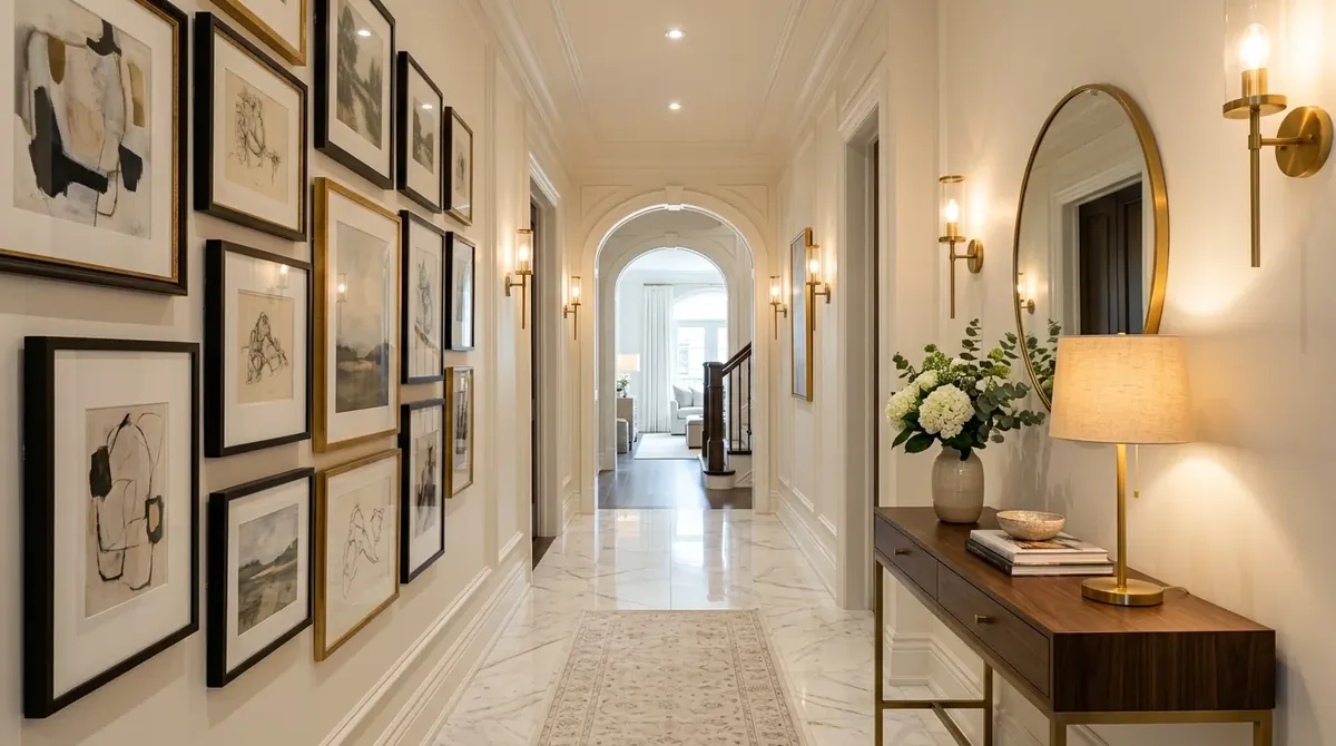Narrow hall with framed artwork, long runner, and layered personality.