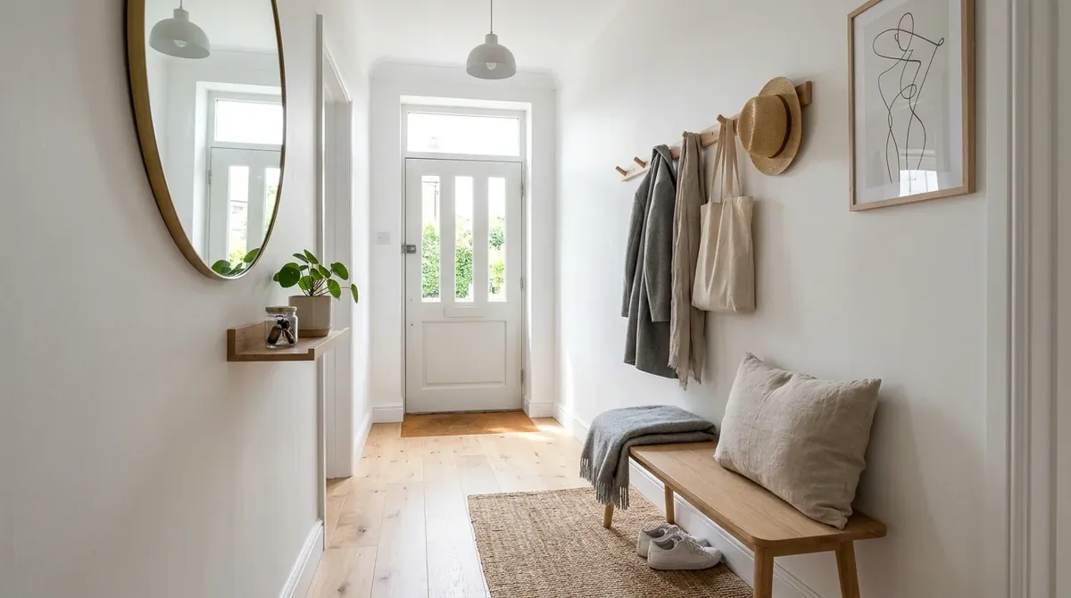 Passage with black accents, warm wood console, and balanced modern contrast.