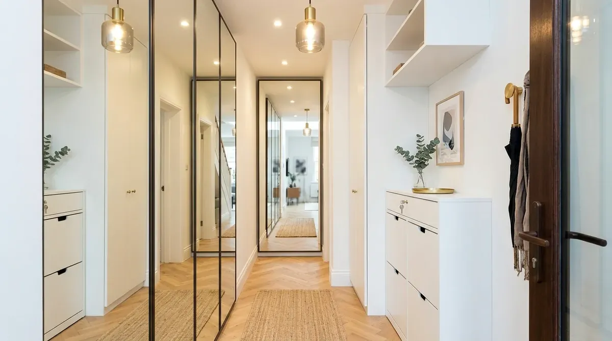 Small entrance hall with floral touches, painted furniture, and charming softness.